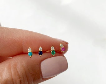 Tiny Two Stone Stud - Birthstone Stud - Pendiente de plata de ley - Pendiente de oro