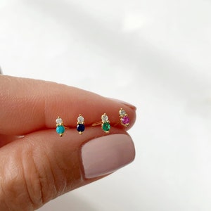 Tiny Two Stone Stud Birthstone Stud Sterling silver earring Gold stud earring image 2