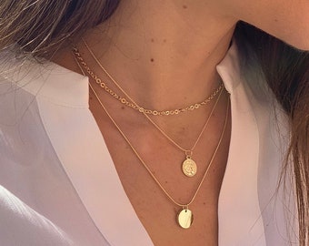 Gold Coin Necklace Set Two Layered Gold seed necklace Disc Layering Necklace Coin Pendant Necklace Layered Coin Necklace Set