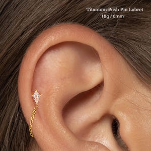 18G Cz Chain Push Pin Labret • Titanium Threadless Flat Back Earring • Tragus Stud • Helix Stud • Cartilage Stud • Nose Stud