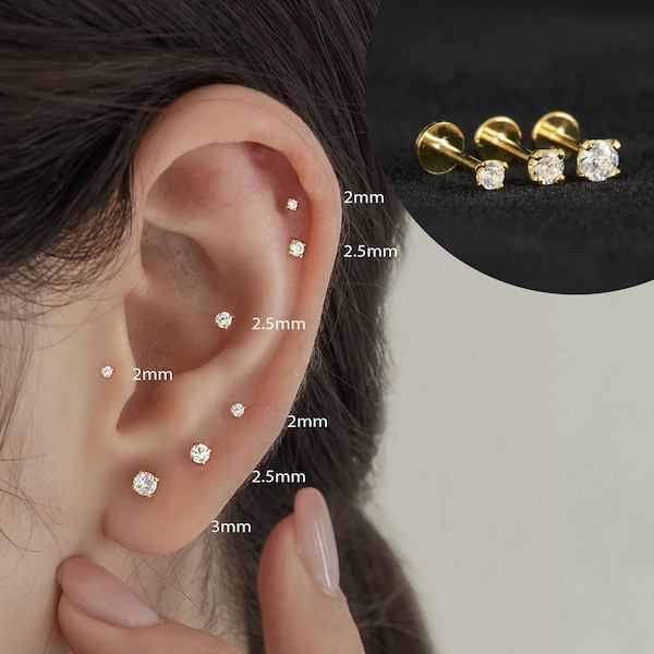 18G/16G Cz Internally Threaded Labret • tragus stud • conch earrings • cartilage helix stud • flat back labret stud • Nose Stud