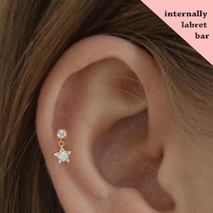 18G/16G Star dangle Internally Threaded Labret • tragus stud • conch earrings • cartilage helix stud • flat back labret stud • Nose Stud