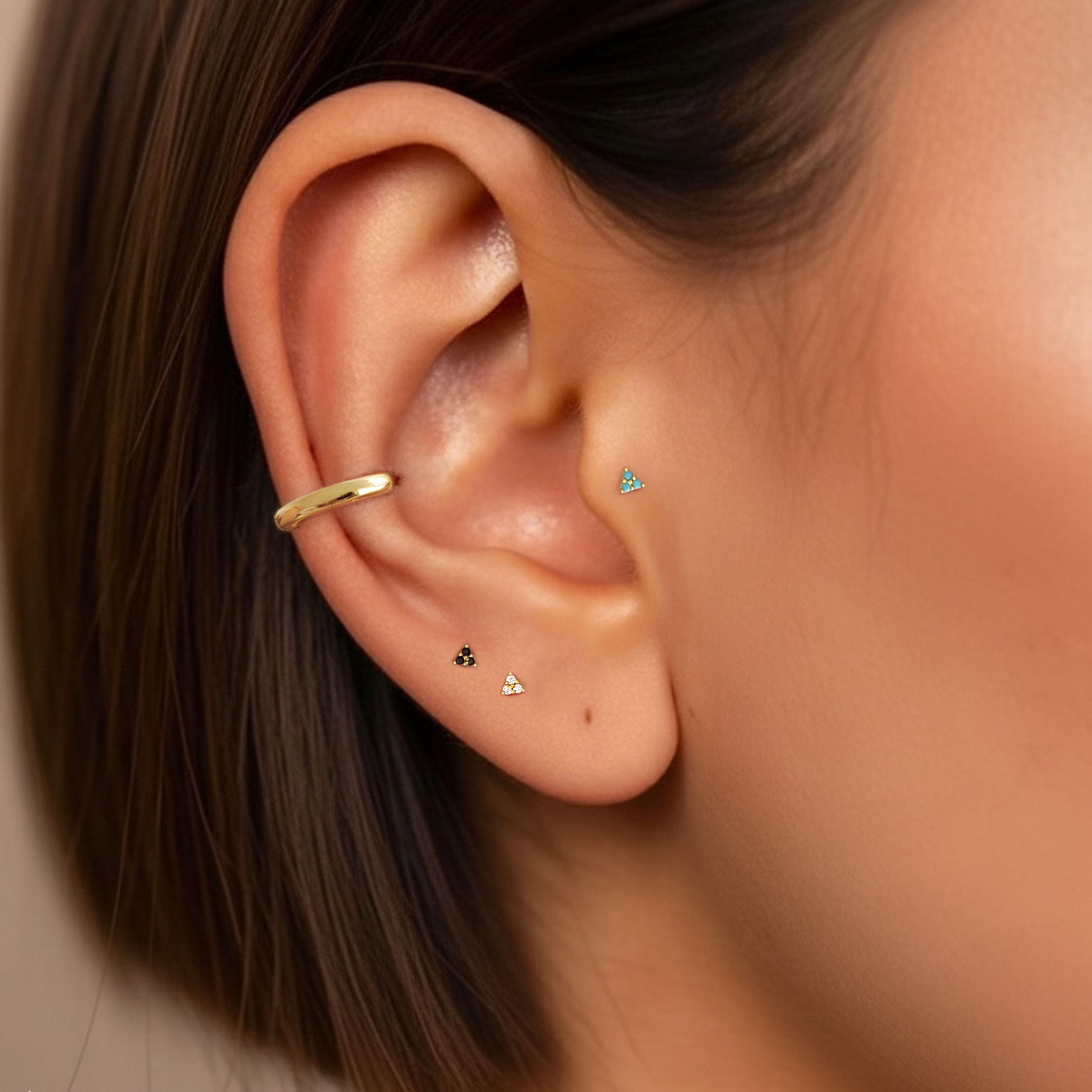 Triangle Turquoise Stud Earrings - Three Cz Stud Earrings - Tiny