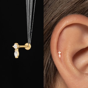 20/18/16G Two Cz Push Pin Labret • Titanium Threadless Flat Back Earring • Tragus Stud • Helix Stud • Cartilage Stud • Nose Stud