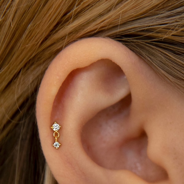 Cz dangle stud - Tiny gold stud - Silver tiny stud - Minimalist stud earring - Gold dainty stud - Dainty stud - mm