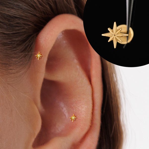 Piercing labret de rosca interna en forma de estrella de 18G/16G • Piercing para el trago • Pendientes para el cartílago • Piercing para el hélix • Piercing labret de base plana • Piercing para la nariz