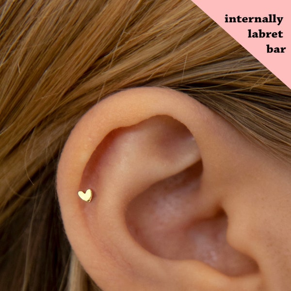 Heart Internally Threaded Labret • tragus stud • conch earrings • cartilage helix stud • flat back labret stud • Nose Stud