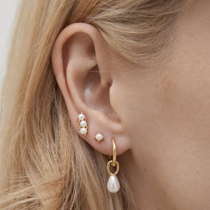 SET ITEM - Pearl Dangle Huggie Hoop Set • Dainty Hoop Earrings • Minimalist earrings - Sterling silver earring • earring set • gift set