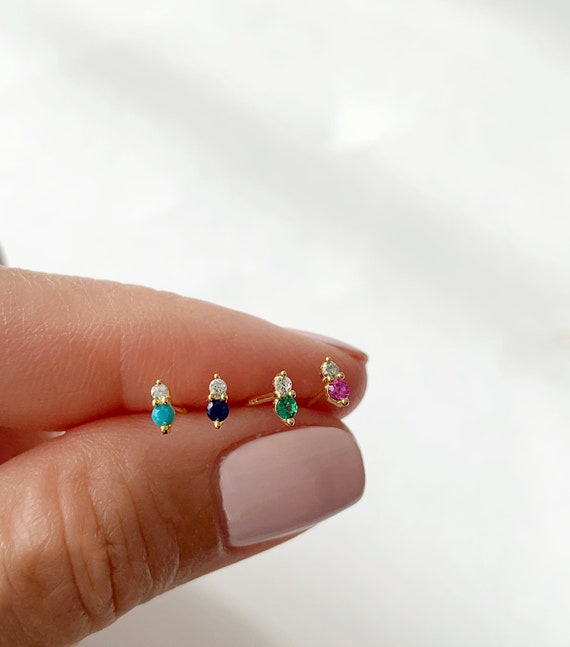 Tiny Two Stone Stud - Birthstone Stud - Sterling silver earring - Gold stud earring