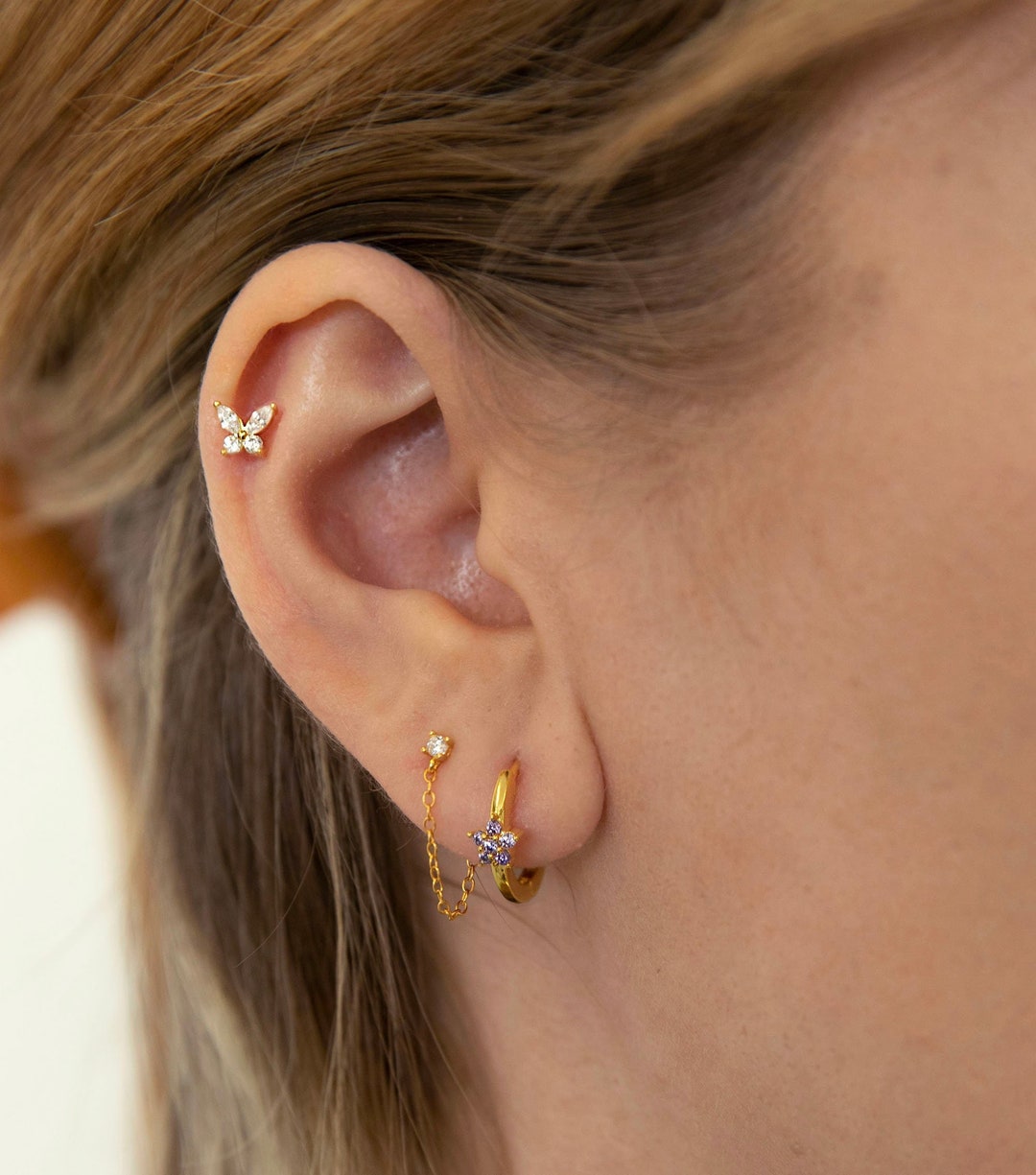 Lilac Flower Hoop Earrings Dainty Cz Huggie Hoops Sterling Silver Hoop Earring Minimalist Hoop ...