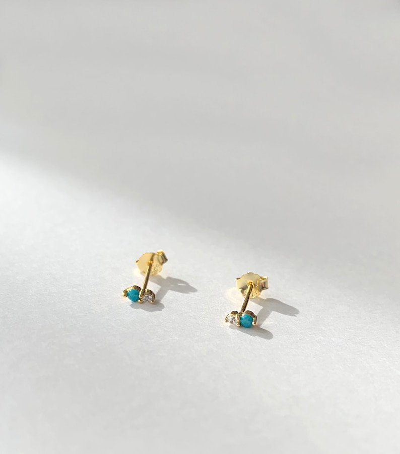 Tiny Two Stone Stud Birthstone Stud Sterling silver earring Gold stud earring image 9