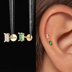 Labret com pino de pressão em baguete 20/18/16G • Brinco de titânio sem rosca com base plana • Piercing para tragus • Piercing para hélix • Piercing para cartilagem • Piercing para nariz