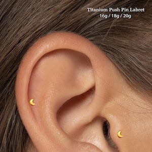 20/18/16G Moon Push Pin Labret • Titanium Threadless Flat Back Earring • Tragus Stud • Helix Stud • Cartilage Stud • Nose Stud
