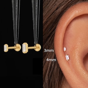 20/18/16G Tiny Baguette Push Pin Labret • Titanium Threadless Flat Back Earring •  Tragus Stud • Helix Stud • Cartilage Stud • Nose Stud