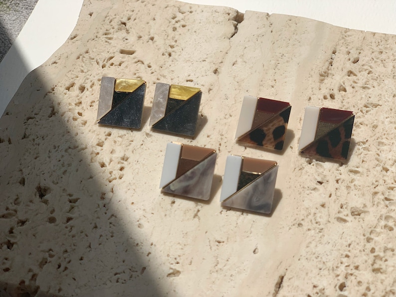 Trendy earrings Square earrings Square acrylic stud earrings Handmade earrings Leopard earrings Three color acrylic earrings