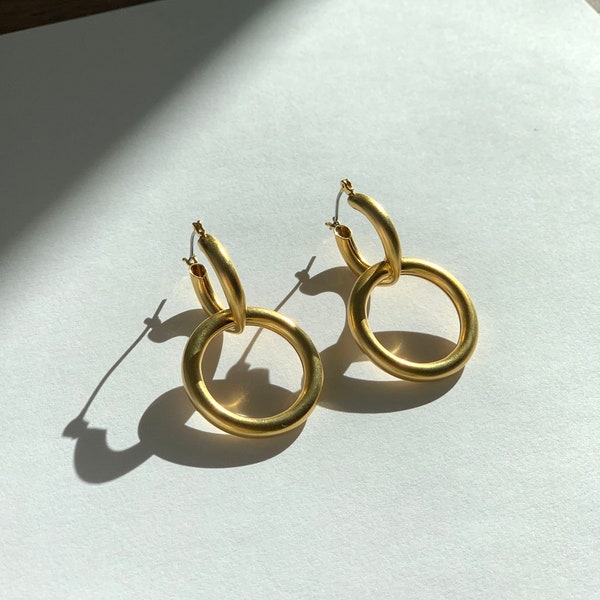 Two layered ring earrings - Circle layered hoop - two layered ring hoop - Matt finish gold hoop - Bold hoop earrings - Handmade hoop - Hoop