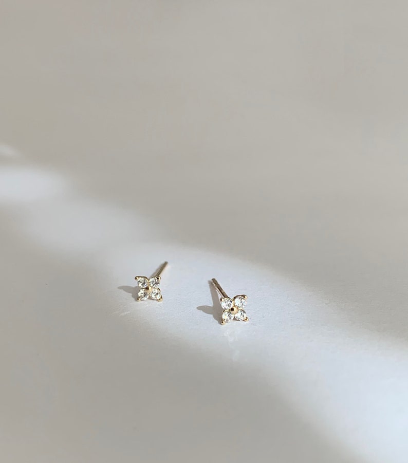 14K Solid Gold Stud Flower Stud Earring Minimalist stud earrings 14K Solid Gold Earring image 3