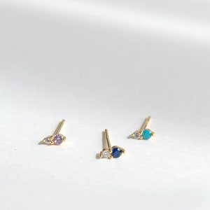 Tiny Two Stone Stud Birthstone Stud Sterling silver earring Gold stud earring image 7