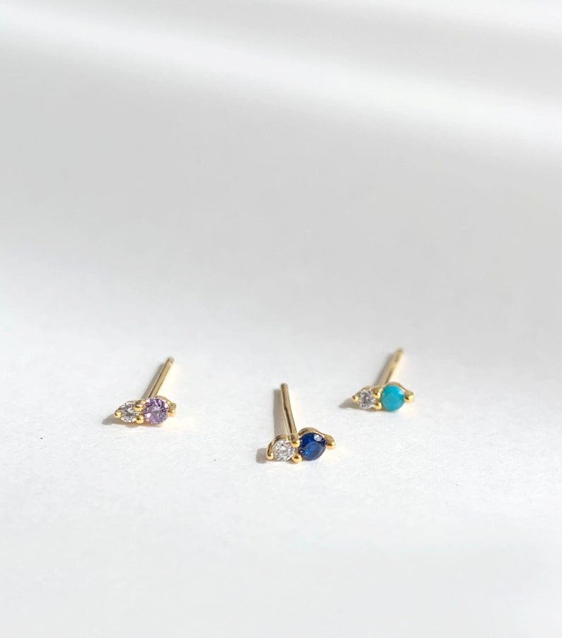 Tiny Two Stone Stud Birthstone Stud Sterling silver earring Gold stud earring image 7