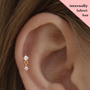 18G/16G Cz dangle Internally Threaded Labret • tragus stud • conch earrings • cartilage helix stud • flat back labret stud •Nose Stud