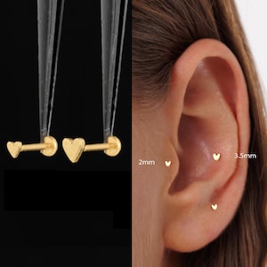 20/18/16G Heart Push Pin Labret • Titanium Threadless Flat Back Earring •  Tragus Stud • Helix Stud • Cartilage Stud • Nose Stud