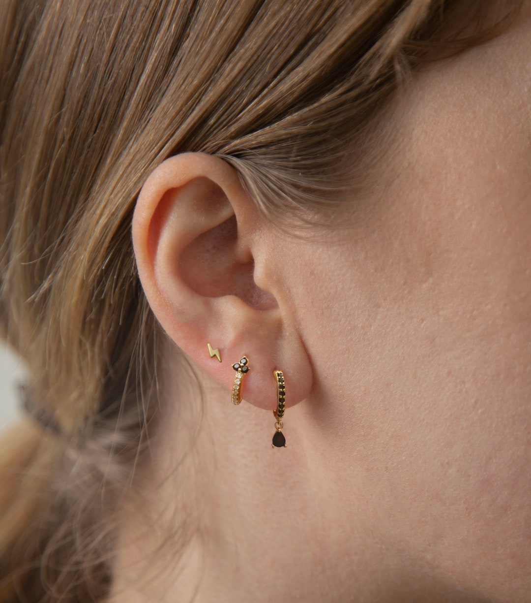 Triangle Onyx Hoop Earring - Tiny Huggie Hoop Earring