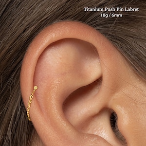 18G Chain Push Pin Labret • Titanium Threadless Flat Back Earring • Tragus Stud • Helix Stud • Cartilage Stud • Nose Stud