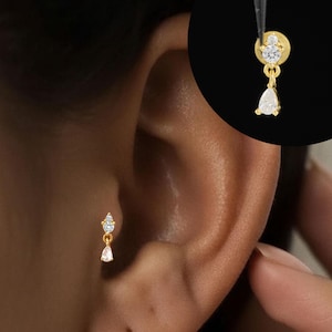 18G/16G Cz dangle Internally Threaded Labret • tragus stud • conch earrings • cartilage helix stud • flat back labret stud • Nose Stud