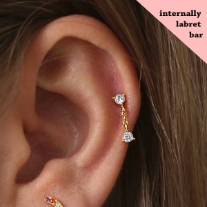 New 18G/16G Cz dangle Internally Threaded Labret • tragus stud • conch earrings • cartilage helix stud • flat back labret stud • Nose Stud