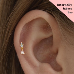 Labret con rosca interna colgante de circonita 18G/16G • perno para trago • aretes de caracola • perno para cartílago de hélice • perno para labio con parte posterior plana • perno para nariz