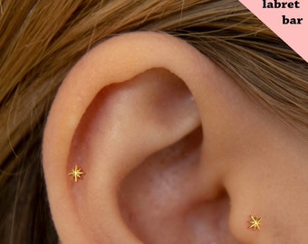 18G/16G Star Internally Threaded Labret • tragus stud • conch earrings • cartilage helix stud • flat back labret stud • Nose Stud