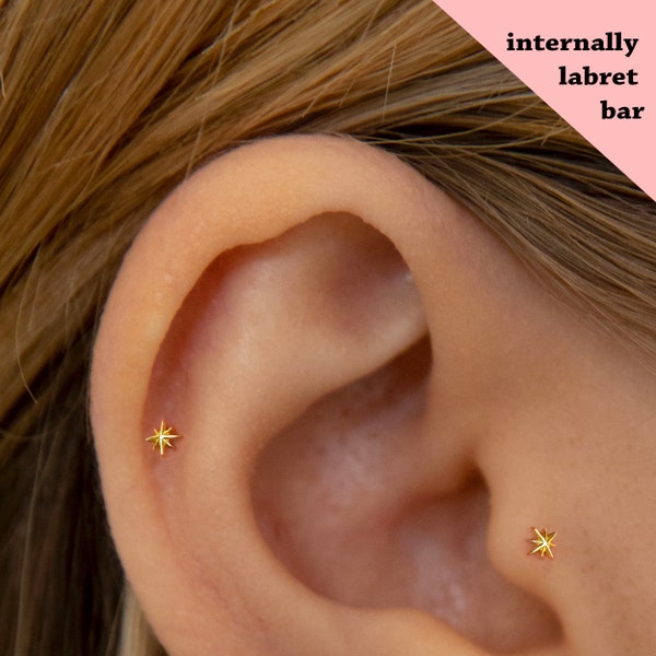 18G/16G Star Internally Threaded Labret • tragus stud • conch earrings • cartilage helix stud • flat back labret stud • Nose Stud