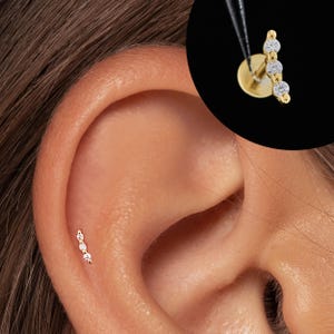 18G/16G Three Cz Internally Threaded Labret • tragus stud • conch earrings • cartilage helix stud • flat back labret stud • Nose Stud