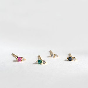 Tiny Two Stone Stud Birthstone Stud Sterling silver earring Gold stud earring image 6