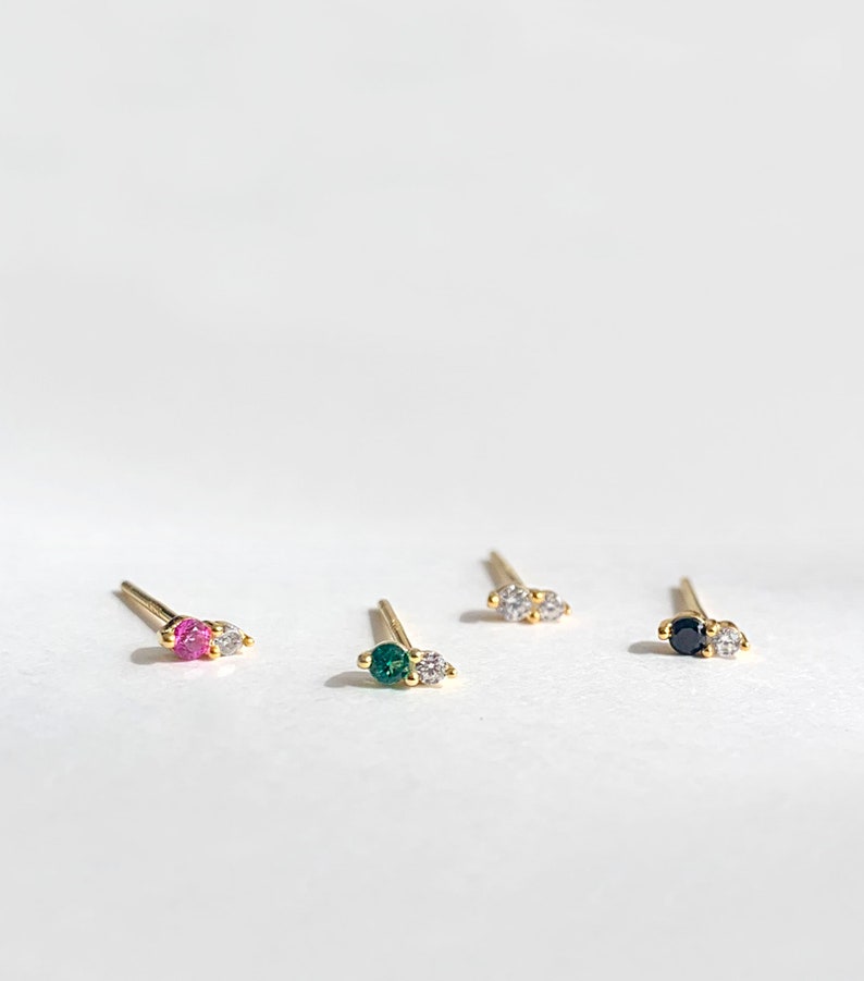 Tiny Two Stone Stud Birthstone Stud Sterling silver earring Gold stud earring image 6