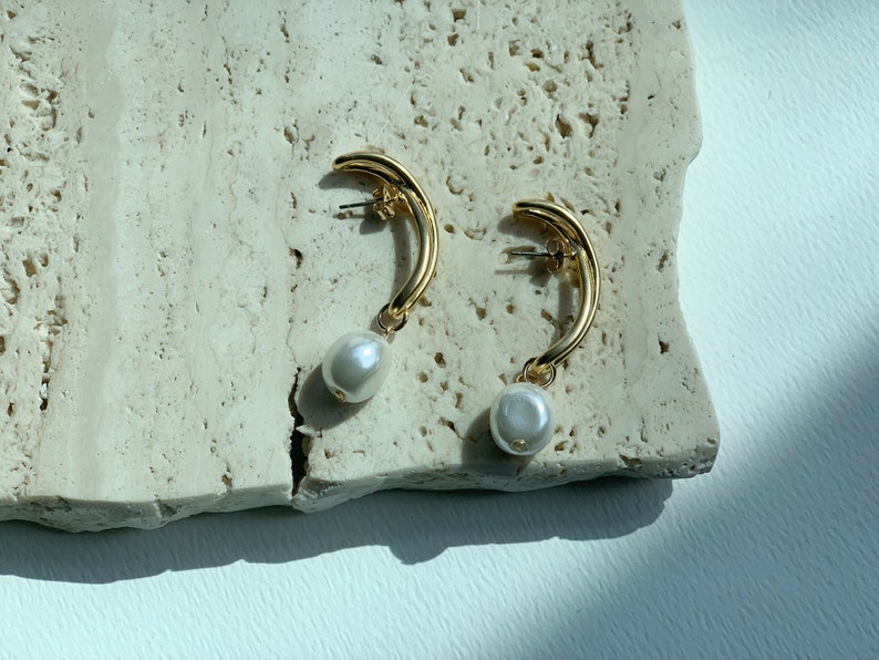 Half stud pearl earrings Half hoop earrings Half pearl hoop Half pearl stud earrings Half circle earrings Half circle pearl earrings
