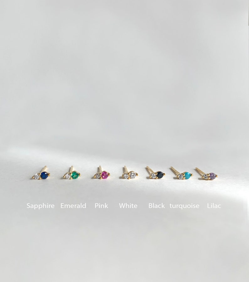 Tiny Two Stone Stud Birthstone Stud Sterling silver earring Gold stud earring image 4