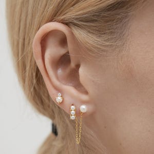 SET ITEM - Pearl Huggie Hoop Set • Dainty Hoop Earrings • Minimalist earrings - Sterling silver earring • earring set • gift set