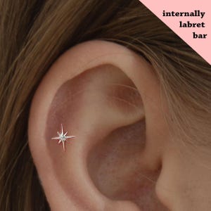18G/16G Cz Star Internally Threaded Labret • tragus stud • conch earrings • cartilage helix stud • flat back labret stud • Nose Stud