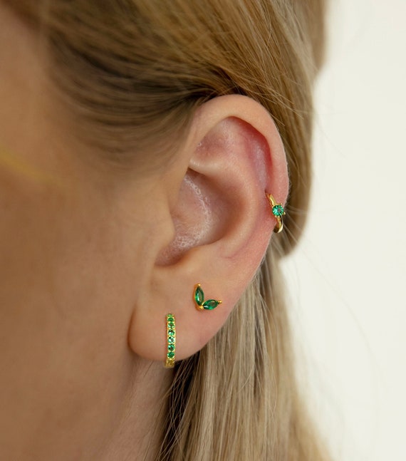 Emerald Hoop Helix Hoop Earrings Sterling Silver Earring Tiny Hoop