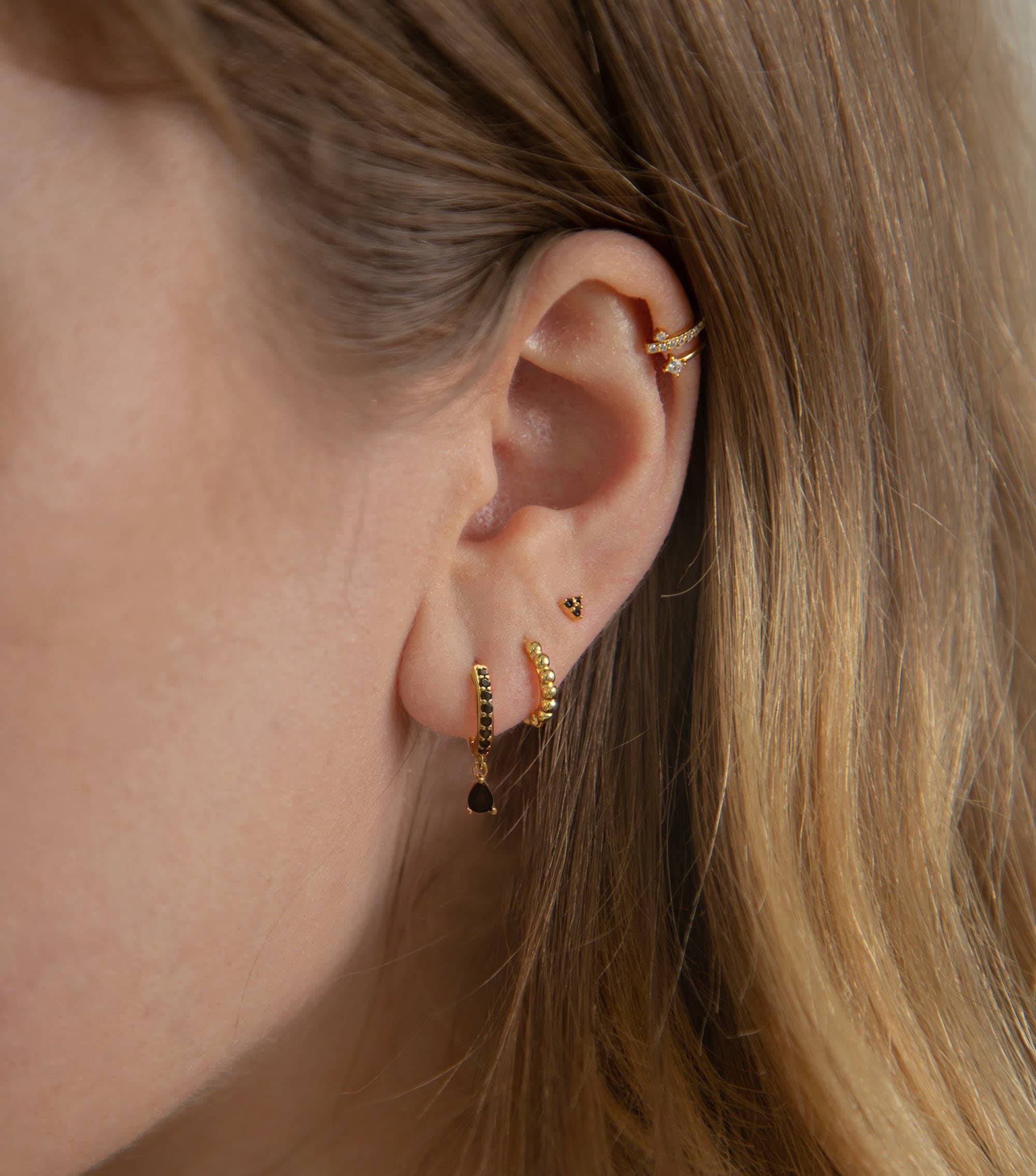 Black cz charm hoops - Dangle hoop earrings - Sterling Silver Minimalist earrings - Tiny Huggie hoop earring