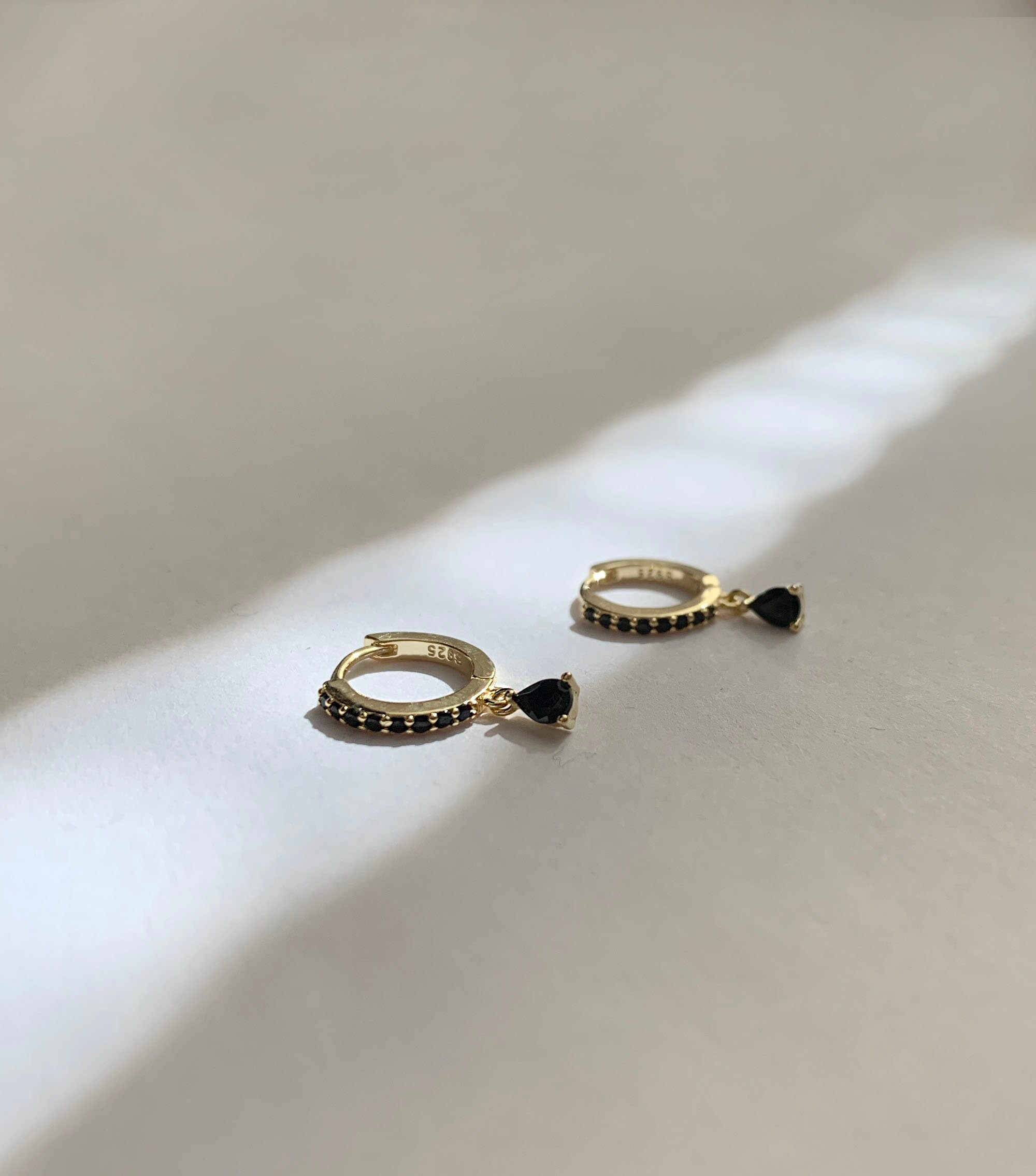 Black cz charm hoops - Dangle hoop earrings - Sterling Silver Minimalist earrings - Tiny Huggie hoop earring