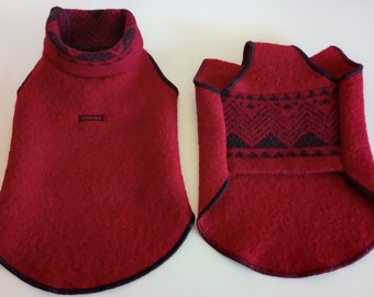 Dark Red and Black Boiled Wool Turtleneck Sweater, Little Dog Sizes Small and Medium, Upcycled Wool