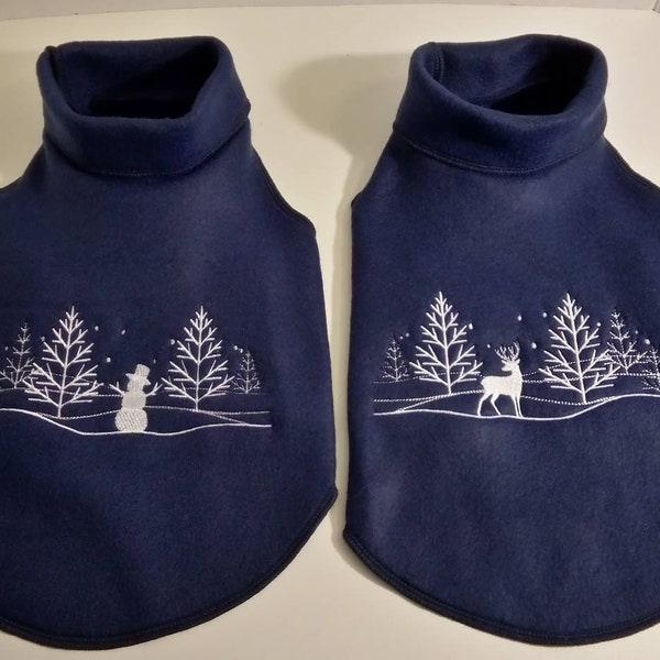 Winter Snowman or Snowy Deer Scene Navy Fleece Turtleneck Sweater, Little Dog Sizes XS to Medium