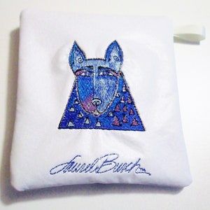 Laurel Burch Chien bleu brodé, « Azul », sac à fermeture éclair, 5 x 5,25 pouces