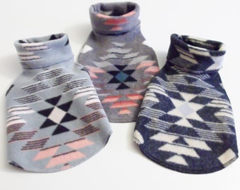 Three Shades of Gray Aztec Print Luxury Fleece Little Dog Turtleneck Sweaters, Sizes XXXSmall to Medium