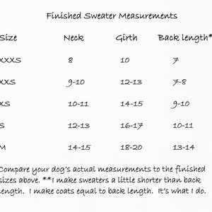 May include: Chart showing sweater sizes for dogs, with measurements in inches for neck, girth, and back length.  Sizes include XXXS, XXS, XS, S, and M.