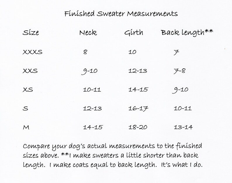 May include: Chart showing sweater sizes for dogs, with measurements in inches for neck, girth, and back length.  Sizes include XXXS, XXS, XS, S, and M.