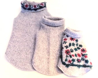 Warm! Gray & White with Floral Embroidery Wool and Cotton Blend Turtleneck Sweaters, Little Dog Sizes XXS to Medium, Upcycled/Recycled Wool
