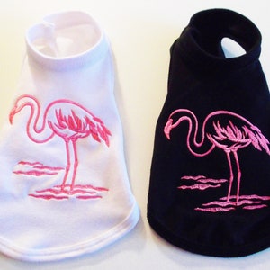 Flamingo Embroidered Little Dog Sleeveless T-Shirt, Sizes XXXS to M, White or Black
